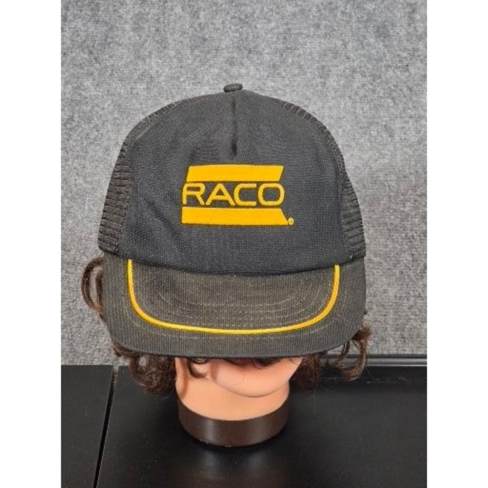 Vintage RACO Trucker Hat Mens Black Yellow Mesh Snapback USA Casual 80s Workwear